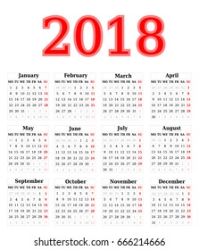 Simple Calendar of 2018 on a white background