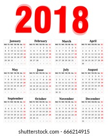 Simple Calendar of 2018 on a white background