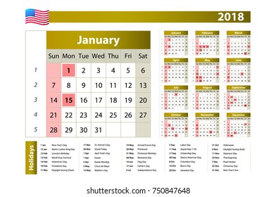Simple calendar 2018 - one year at a glance - starts Monday with public holidays for the USA art