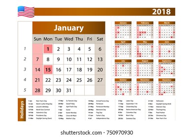 Simple calendar 2018 - one year at a glance - starts Monday with public holidays for the USA art