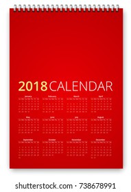 Simple calendar 2018 red colored template. Week starts from sunday. Vector realistic spiral notepad notebook