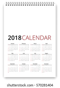 Simple calendar 2018 template. Week starts from sunday. Vector realistic spiral notepad notebook