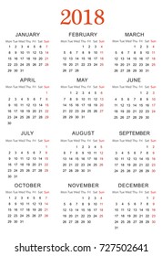 Simple Calendar for 2018 - Vector EPS10