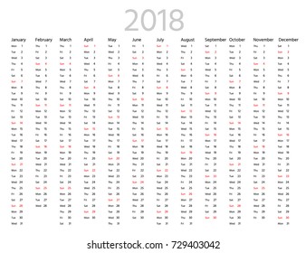 Simple calendar for 2018 year. One month vertical line. Sans serif font, white background