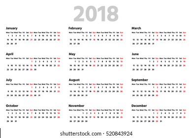 Simple calendar for 2018 year. Two weeks line. Week starts from Monday. Bold sans serif font, white background