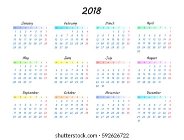 Simple calendar 2018 year. Week starts from monday. Vector illustration.