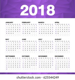 Simple calendar for 2018 Year, Week Starts Sunday, purple flyer templater design