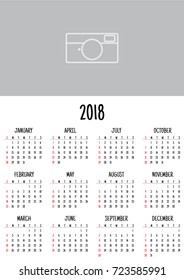 Simple calendar for 2018 Year, Week Starts Sunday, template flyer design