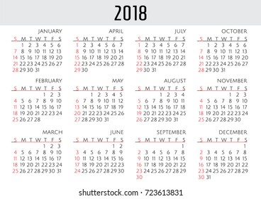 Simple calendar for 2018 Year, Week Starts Sunday, template flyer design