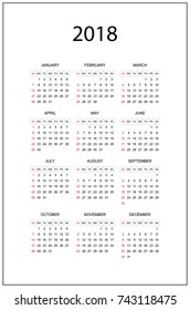 Simple calendar for 2018 year. Week starts from Sunday. Flat vector illustration EPS10.
