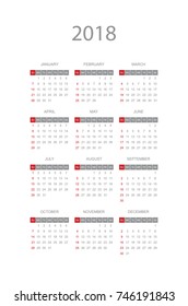 Simple calendar for 2018 year. Week starts from Sunday. Flat vector illustration EPS10.