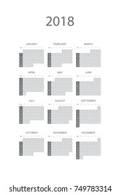 Simple calendar for 2018 year. Week starts from Sunday. Flat vector illustration EPS10.