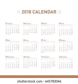 Simple calendar for 2018 years. Week starts from Monday.