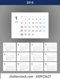 Simple calendar for 2018 years. Week starts from Sunday.