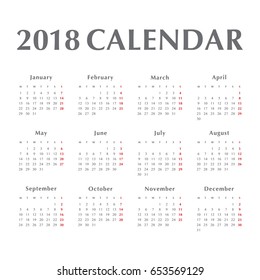 Simple calendar for 2018 years. Week starts from Monday.