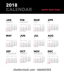 Simple calendar for 2018 years. Week starts from Sunday.