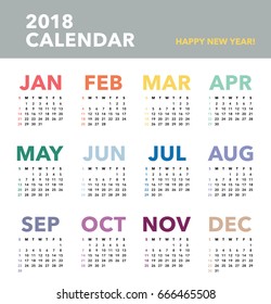Simple calendar for 2018 years. Week starts from Sunday.