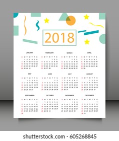 Simple calendar 2018.Week starts from sunday.Vector illustration.