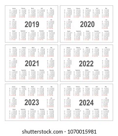 Simple calendar for 2019, 2020, 2021, 2022, 2023 and 2024 years. Pocket horizontal calendars. Week starts from Monday