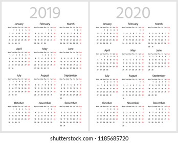 Simple calendar for 2019 and 2020 years. Week starts from Monday. Sans serif font, white background