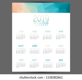 Simple calendar 2019. Abstract calendar for 2019.Week starts from sunday.
