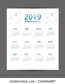 Simple calendar 2019. Abstract geometric background calendar for 2019.Week starts from sunday 