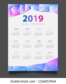 Simple calendar 2019. Abstract geometric background calendar for 2019.Week starts from sunday