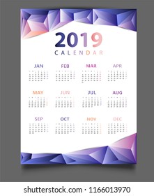 Simple calendar 2019. Abstract geometric background calendar for 2019.Week starts from sunday