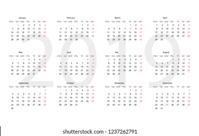 simple calendar for 2019, English version