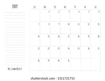 Simple calendar 2019 grid with To Do List and motivation phrase "Yes, I can Do It". Monthly printable planner, organizer and schedule template for July 2019. Minimalist planner for study or work.
