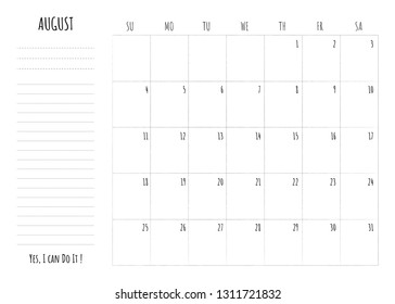Simple calendar 2019 grid with To Do List and motivation phrase "Yes, I can Do It". Monthly printable planner, organizer and schedule template for August 2019. Minimalist planner for study or work.