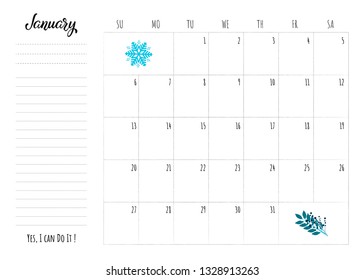 Simple calendar 2019 grid with lettering month name and motivation phrase "Yes, I can Do It". Monthly printable organizer start from Sunday for January 2019. Minimalist planner for study or work.
