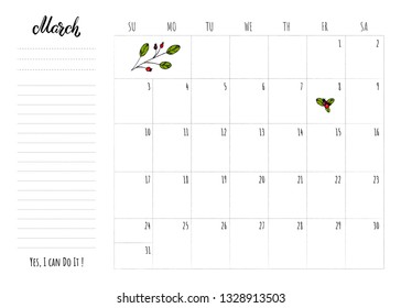 Simple calendar 2019 grid with lettering month name and motivation phrase "Yes, I can Do It". Monthly printable organizer start from Sunday for March 2019. Minimalist planner for study or work.