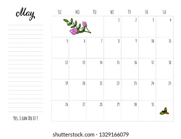 Simple calendar 2019 grid with lettering month name and motivation phrase "Yes, I can Do It". Monthly printable organizer start from Sunday for May 2019. Minimalist planner for study or work.