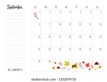 Simple calendar 2019 grid with lettering month name and motivation phrase "Yes, I can Do It". Monthly printable organizer start from Sunday for September 2019. Minimalist planner for study or work