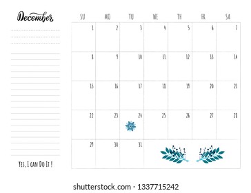 Simple calendar 2019 grid with lettering month name and motivation phrase "Yes, I can Do It". Monthly printable organizer start from Sunday for December 2019. Minimalist planner for study or work.