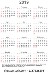 Simple calendar 2019 marked with the official holidays for the USA. The week starts on sunday.