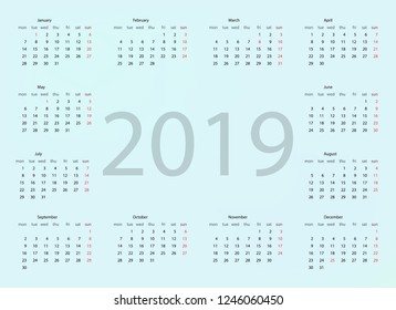 simple calendar for 2019 on blue, English version