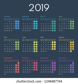 simple calendar 2019, starts monday, two weekend