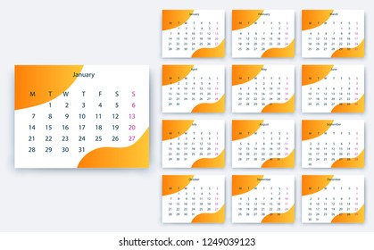 simple calendar 2019, Stock vector eps10. Color design