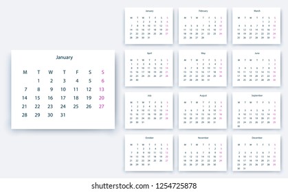 simple calendar 2019, Stock vector eps10. Color design