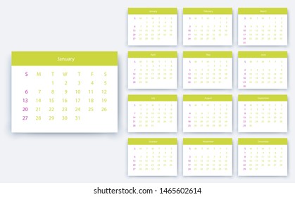 simple calendar 2019, Stock vector eps10. Color design