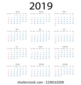 simple calendar 2019. calendar 2019 simple style on white background. week starts Sunday.