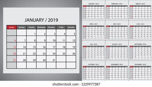 Simple calendar 2019 week start on Sunday. Template for planner design
