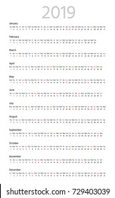 Simple calendar for 2019 year. One month horizontal line. Sans serif font, white background