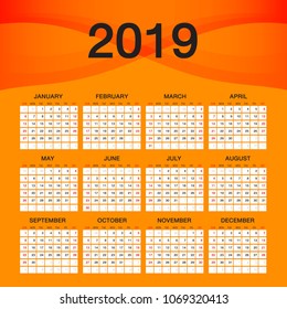 Simple calendar for 2019 Year, Week Starts Sunday, Orange flyer template design