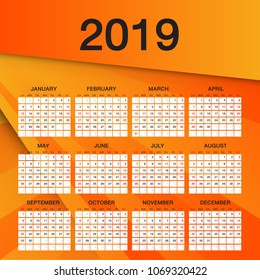 Simple calendar for 2019 Year, Week Starts Sunday, Orange flyer template design