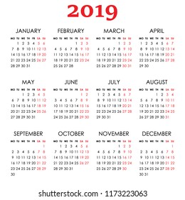 Simple calendar for 2019 year. Week starts monday