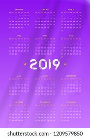 Simple calendar 2019 year. Week starts from Sunday. Flat vector illustration EPS10.
