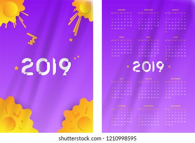 Simple calendar 2019 year. Week starts from Sunday. Flat vector illustration EPS10.